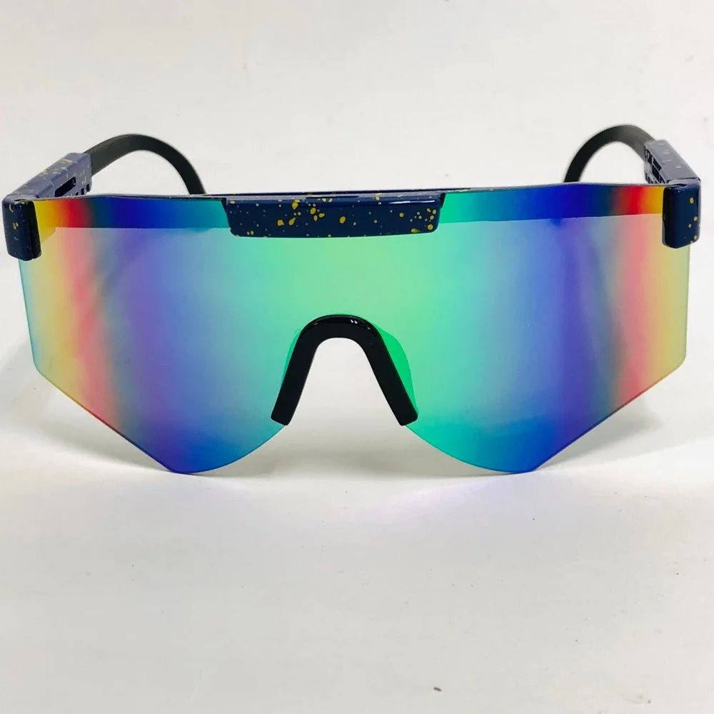 Mirrored Shield Sunglasses Blue Green Mirror Lens Splatter Paint Sporty Men Ski‎